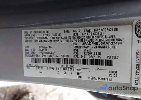 2019 Ford Fiesta Se z USA, uszkodzony, nr VIN 3FADP4EJ5KM137494